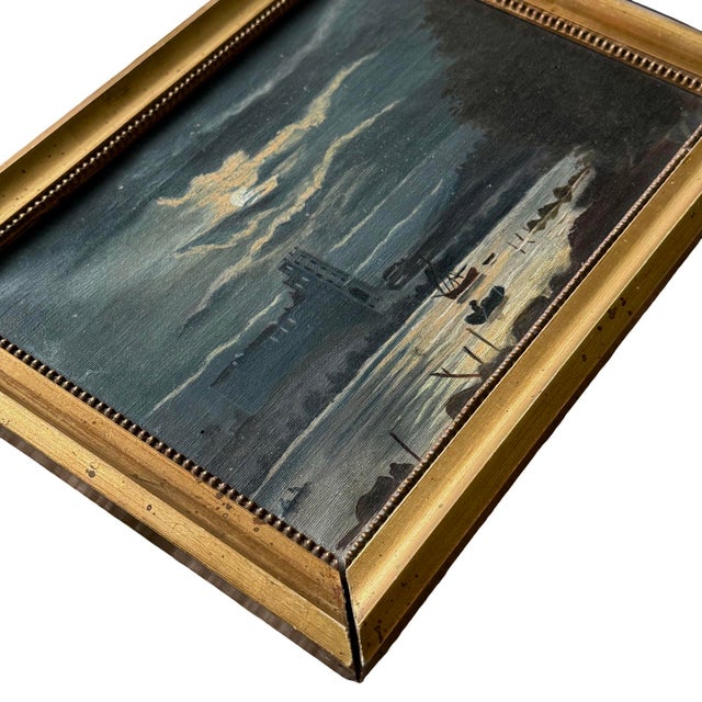 Antique Danish Folk Art Nocturne Seascape With Castle, Oil on Canvas For Sale - Image 4 of 5