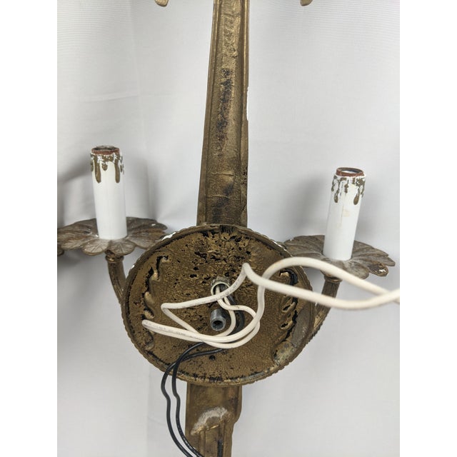 Vintage Ornate Gold-Tone Two-Light Wall Sconces With Shades - Pair For Sale - Image 12 of 18