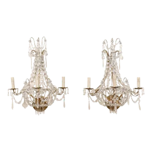 Mid 20th Century French Three-Light Crystal Sconces - A Pair