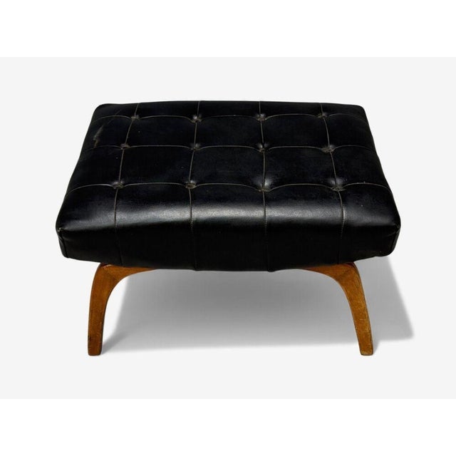 1950s Danish Modern, Black Leatherette, Stained Wood, Footstool, Denmark, 1950s For Sale - Image 5 of 10