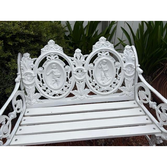 White Pair of White Antique Style Cast Iron Figural Seasons Garden Bench For Sale - Image 8 of 9