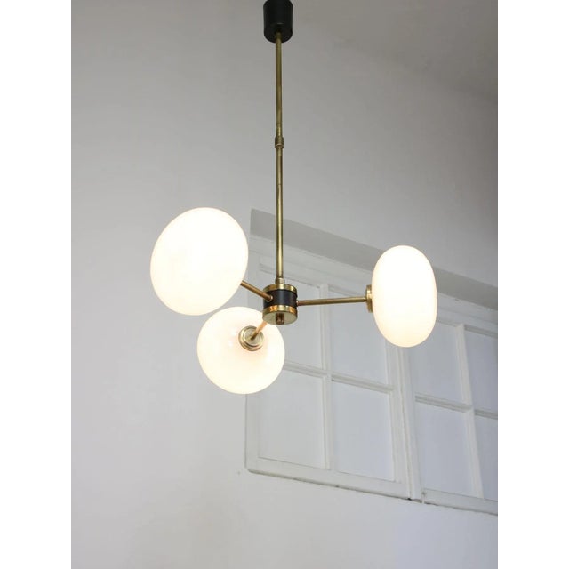 Mid-Century Brass Opaline Glass Chandelier For Sale - Image 4 of 18