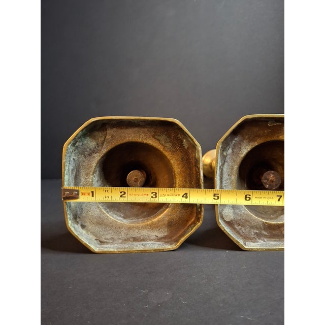 Victorian Antique Matching Pair Victorian "The Queen of Diamonds" Brass Candlesticks 11" Push Up Ejector c.1897 For Sale - Image 3 of 18