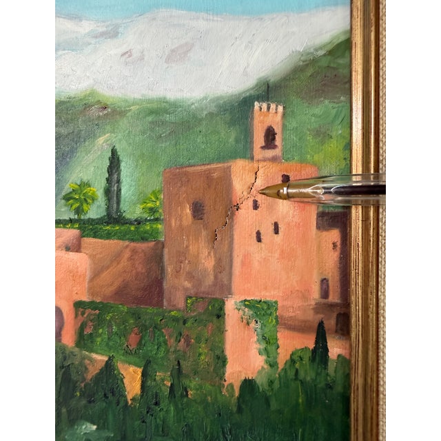 Wood Vintage "Alhambra De Granada" Impressionist Landscape Oil Painting on Canvas – Framed For Sale - Image 7 of 12