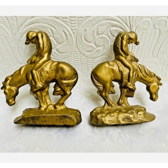 Metal Antique 1910s Native American Gold Painted Iron End of Trail Bookends- Set of 2 For Sale - Image 7 of 7