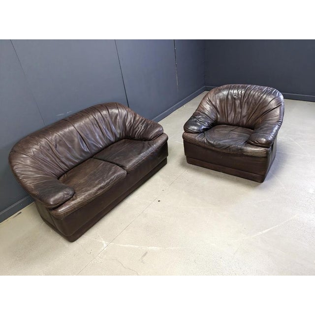 Vintage Brown Leather Sofa Set, 1970s, Set of 2 For Sale - Image 10 of 14