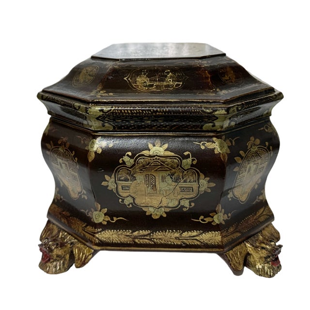 Wood Antique Louis XV Chinese Gilt Lacquerware Tea Caddy Box W/Carved Dragon Feet For Sale - Image 7 of 12