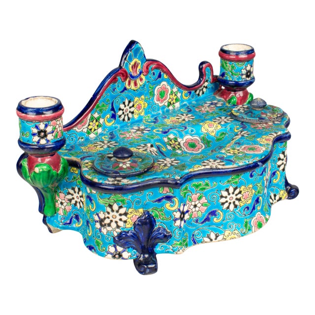 19th Century French Longwy Ceramic Inkwell For Sale