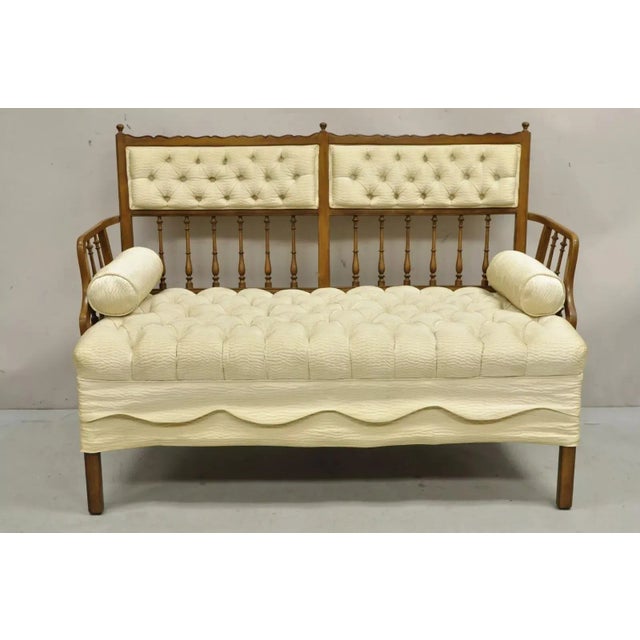 Mid 20th Century Vintage French Country Style Carved Wood Spindle Upholstered Settee Sofa For Sale - Image 12 of 12
