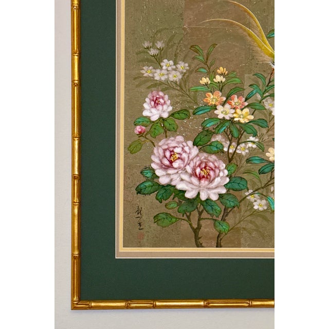 Green Original Chinese Floral Painting With Birds, Signed, Custom Mat For Sale - Image 8 of 8