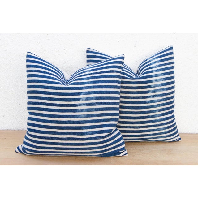 Coastal Coastal Stripe, Pair of Vintage Indigo Striped Pillows For Sale - Image 3 of 8
