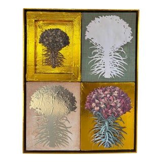 Late 20th Century Abstract Mixed Media Quadriptych Basilius Beslers’ Lilium Cruentum Polyanthos in Gold Wood Frame For Sale