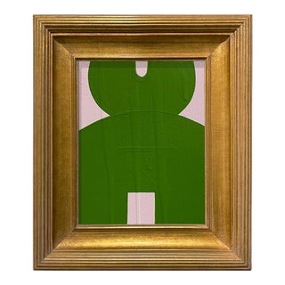 Ron Giusti Mini Kokeshi Doll Head Light Pink and Kelly Green Acrylic Painting, Framed For Sale