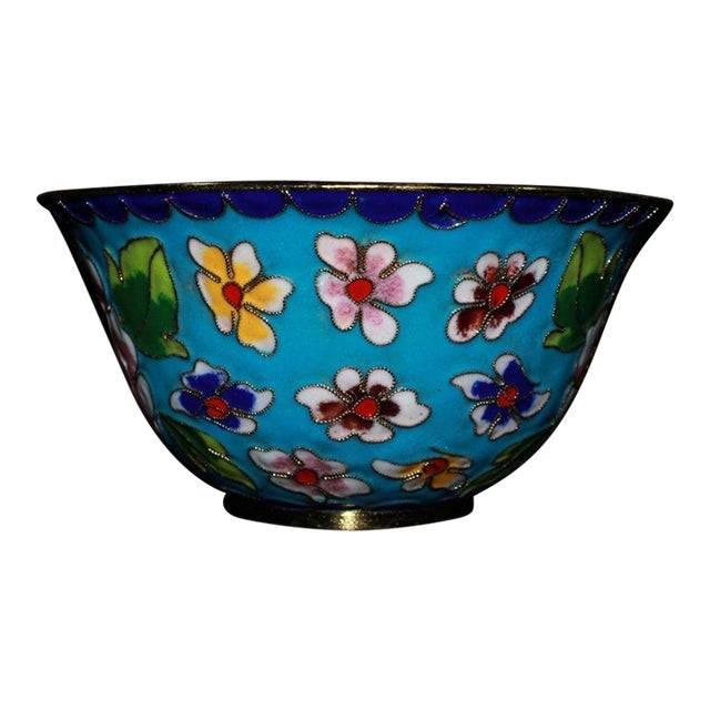 Vintage Chinese Cloisonné Enamel Tea Bowl - Turquoise Ground With Peony & Floral Motif For Sale