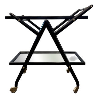 Black-Stained Beech Wood Trolley with Metal Wheels and Glass Shelves, 1950s For Sale