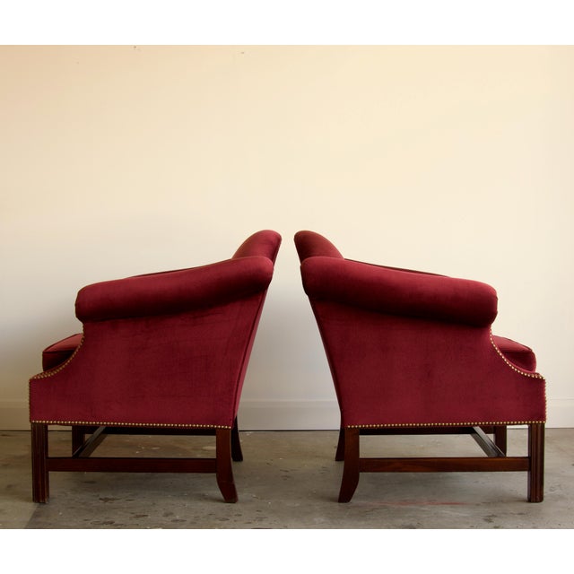 Pair, Vintage Chippendale Style Camelback Club Chairs in Burgundy Velvet With Brass Nailheads, Late 20th Century For Sale In Salt Lake City - Image 6 of 7