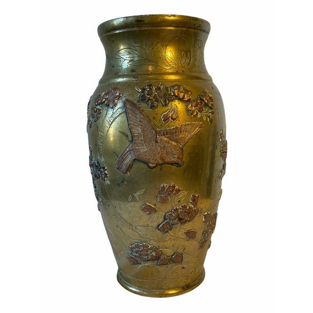 Japanese 19th Century Antique Japanese High Relif Birds Flowers Mixed Metal Bronze Copper Brass Vase For Sale - Image 3 of 11