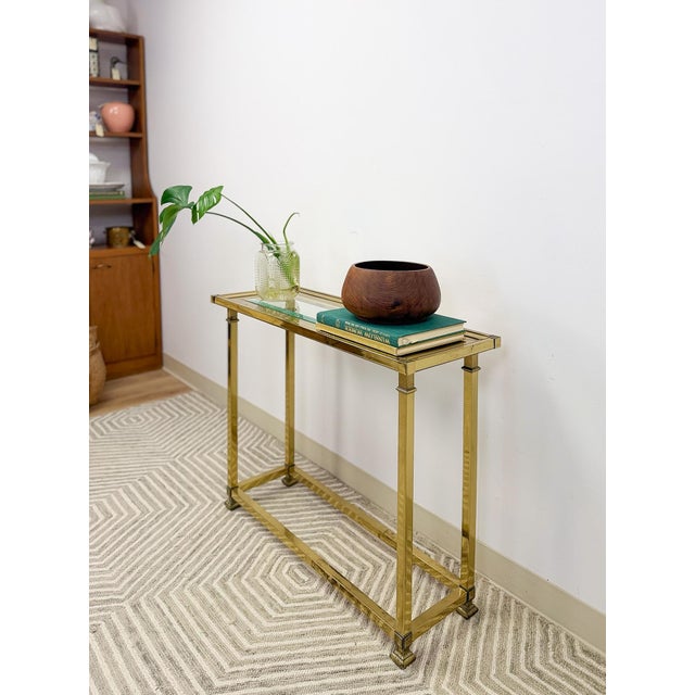 Gold Vintage MCM Brass Console Table Glass Top Hollywood Regency Sofa Table Coastal For Sale - Image 8 of 14