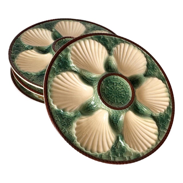 19th Century Green, White & Brown Glaze Majolica Oyster Plates, Set of 4 For Sale