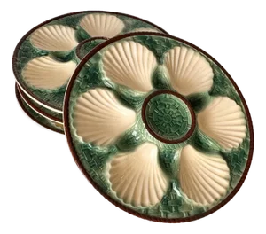 19th Century Green, White & Brown Glaze Majolica Oyster Plates, Set of 4