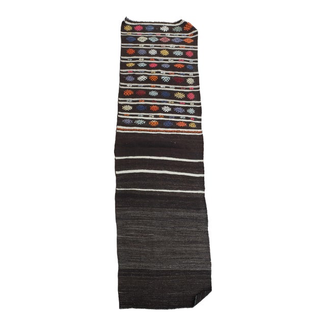 1970s Vintage Handmade Wool Cotton Brown Kilim Runner Rug For Sale