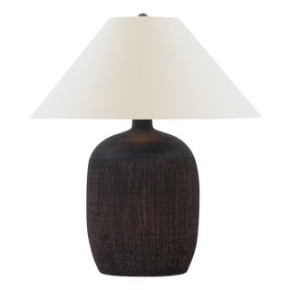 Chapman & Myers by Visual Comfort Signature Portis 32" Combed Round Table Lamp in Black Wash Terracotta with Linen Shade For Sale