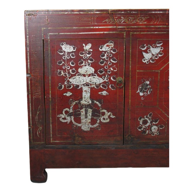 Red Two Doors 60" Long Red Hand Painted Antique Chinese Sideboard For Sale - Image 8 of 12