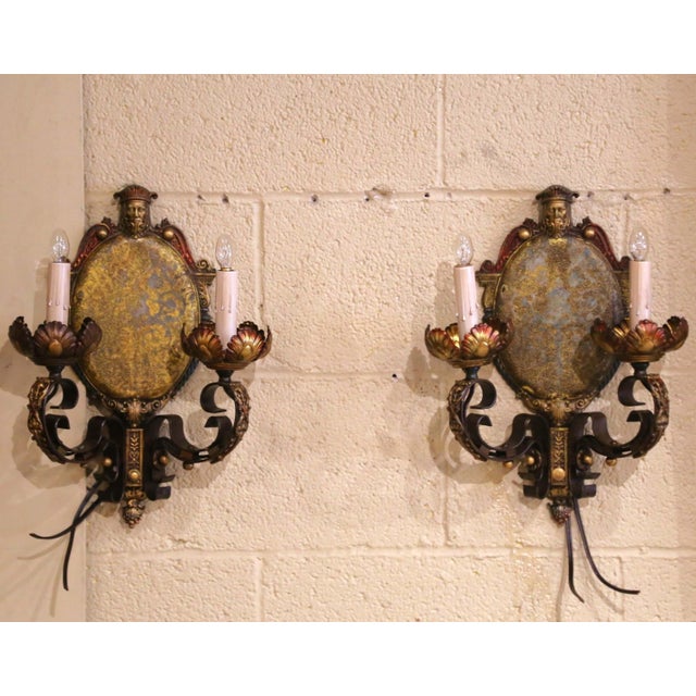 Pair of Mid-Century American Renaissance Revival Iron Two-Light Sconces For Sale In Dallas - Image 6 of 11