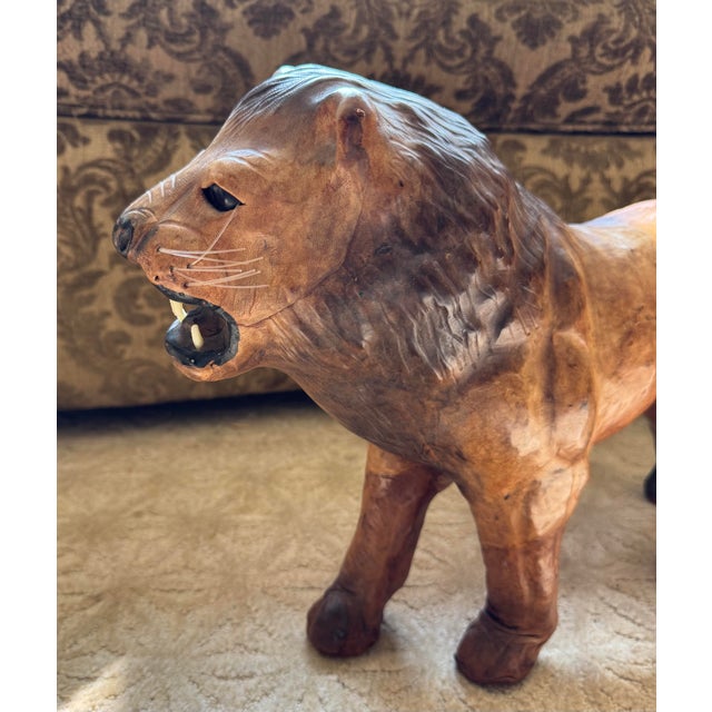 Figurative Vintage Large Handcrafted Leather Lion Sculpture, 23” For Sale - Image 3 of 9
