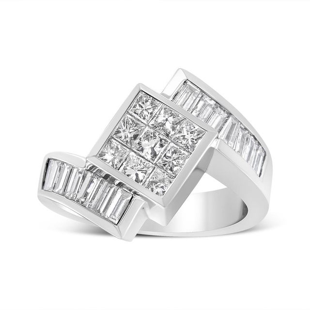 This bypass twist ring is a stunning piece crafted from genuine 14k white gold and features a cluster of Princess-cut...