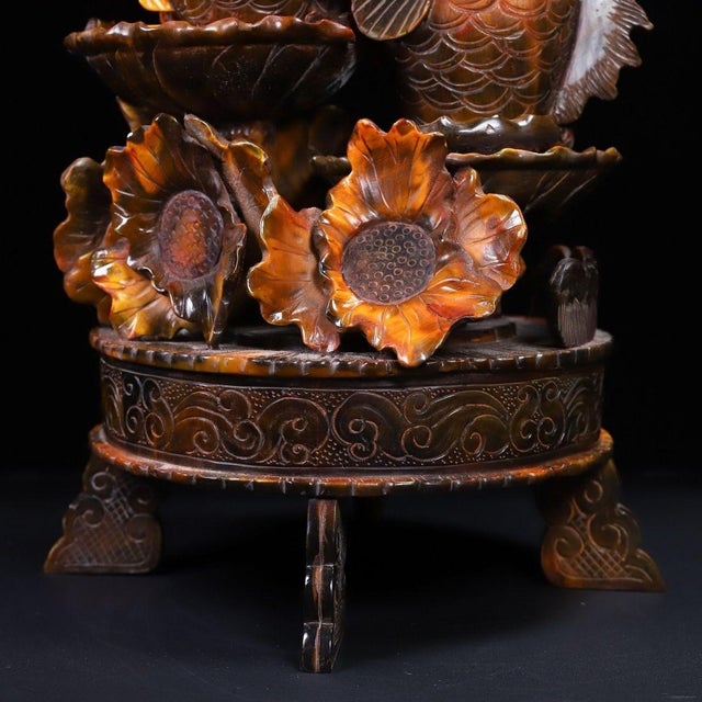 Amber Late 20th Century Carved Horn Sculpture of Two Carp With Lotus - "Abundance" For Sale - Image 8 of 10