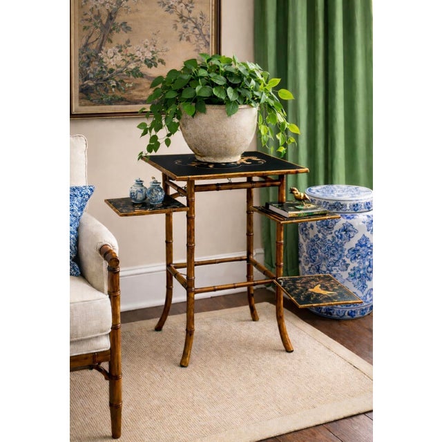 Chinoiserie Regency Chinoiserie Burnt Bamboo Black Lacquer Plant Stand Side Table For Sale - Image 3 of 6