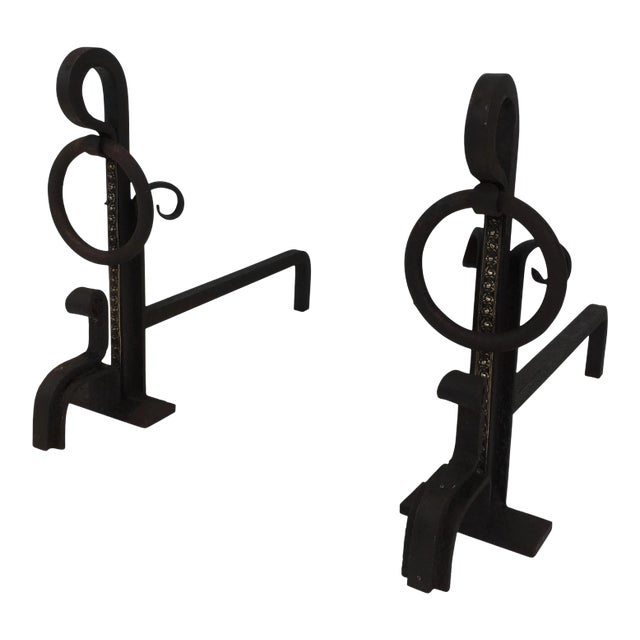 Modernist Wrought Iron and Brass Andirons, French, circa 1900 - A Pair For Sale