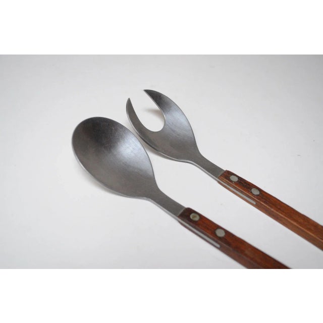 1960s Vintage Japanese Modern Stainless Steel and Rosewood Salad Tongs For Sale - Image 5 of 12