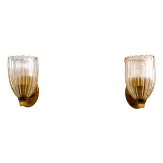 Art Deco Italian Brass and Murano Glass Wall Lights, 1990s, Set of 2 For Sale