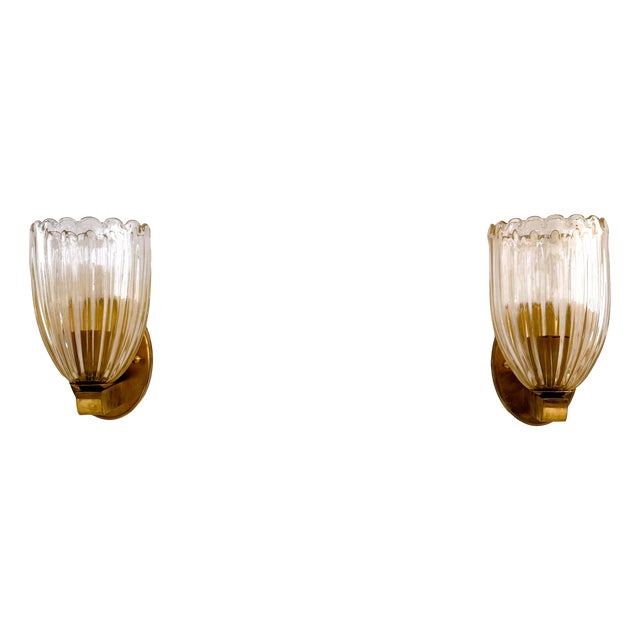 Art Deco Italian Brass and Murano Glass Wall Lights, 1990s, Set of 2 For Sale