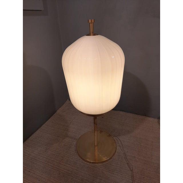 Metal Satin Brass & Large Ribbed Milky Glass Floor Lamp For Sale - Image 7 of 17