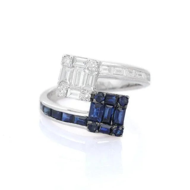 18k White Gold Natural 1.11ct Blue Sapphire Diamond Bypass Ring Size 7 For Sale