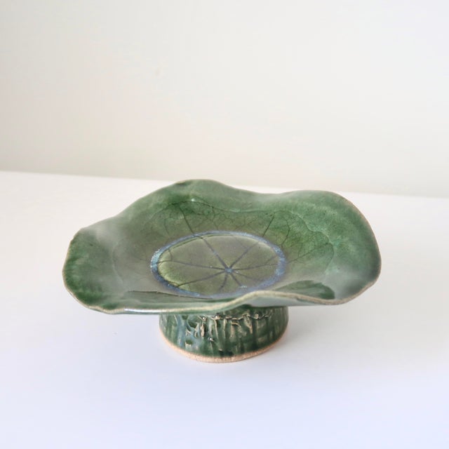 Handmade Ethereal Botanical Studio Pottery Pedestal Compote Catchall Bowl With Leaf Motif For Sale - Image 13 of 14