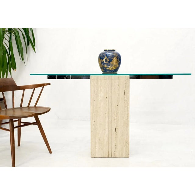 Travertine Pedestal Base Glass Top Console Sofa Hall Table For Sale - Image 12 of 13