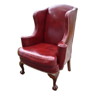 Vintage Chippendale Wingback Chair Red Leather Type Armchair Claw Foot For Sale