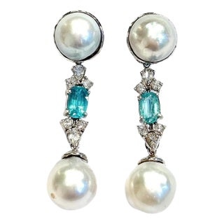 Bochic “Orient” Blue Apatite & South Sea Pearls Earrings Set 18K Gold & Silver, 2 pieces For Sale
