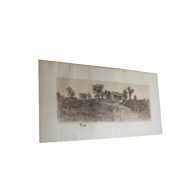Antique 19th century black and white etching featuring a landscape with dirt road leading to a thatched cottage /...