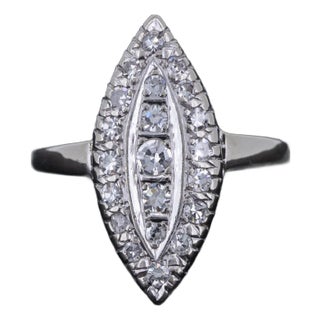 Vintage Art Deco Diamond Engagement Ring Navette Shape 14k White Gold Size 5.5 For Sale