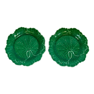 Pair of Green Vintage Scalloped Edge Wedgwood Cabbage Leaf Plates From England - Circa 1930