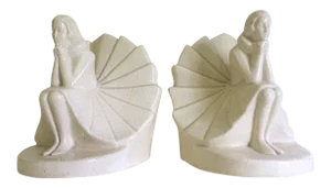 Art Deco Figural Seated Woman German Craquelure Porcelain Bookends - a Pair