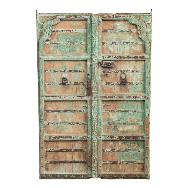 Pair of Antique Traditional Rajasthani Doors With Remnants of Green Paint For Sale