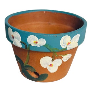 Vintage Handpainted Terracotta Pot Painted With Orchids and Signed For Sale