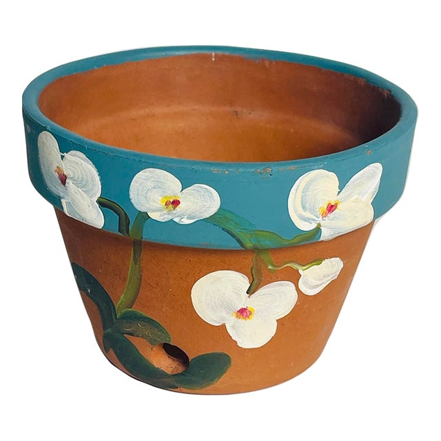 Vintage Handpainted Terracotta Pot Painted With Orchids and Signed For Sale