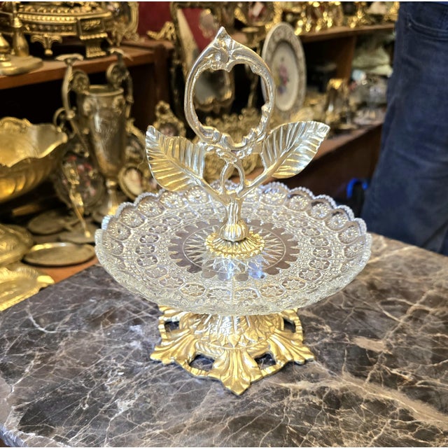 Luxury Brass & Crystal Pedestal Serving Stand for Elegant Entertaining For Sale - Image 4 of 5